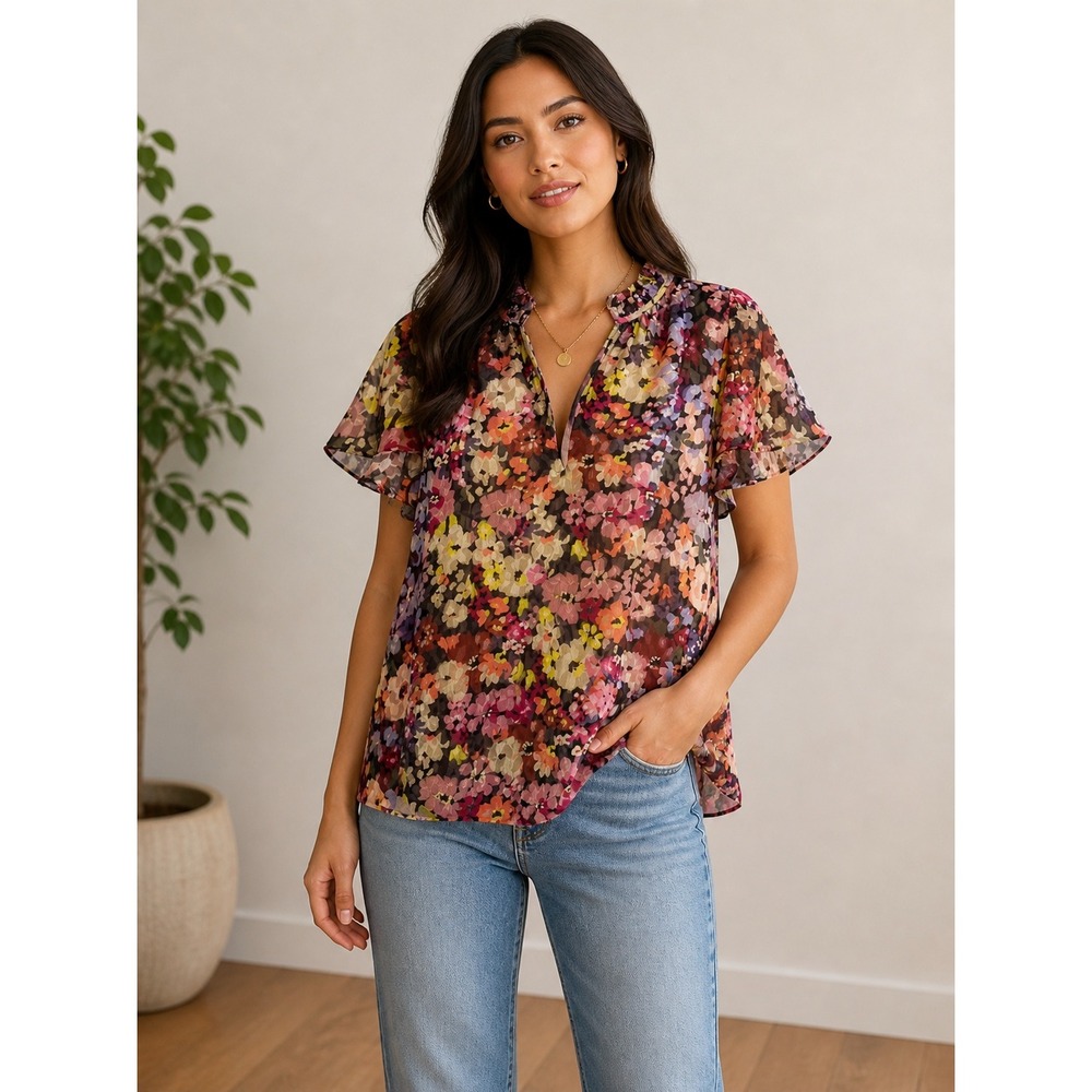 Amanda Uprichard‎ Vittoria Blouse Colorful Blouse Short Sleeve Size Large